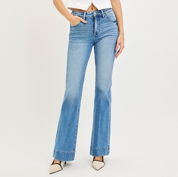 Risen Mid-Rise Waist Tummy Control Slim Retro 70s Flare Leg Jeans Denim Pants - Picture 13 of 15